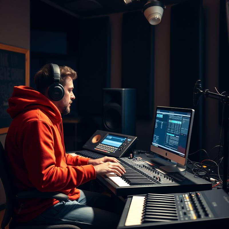 Billedtekst: En professionel musikproducer arbejder i et lydstudie med en computer, et keyboard og flere højttalere