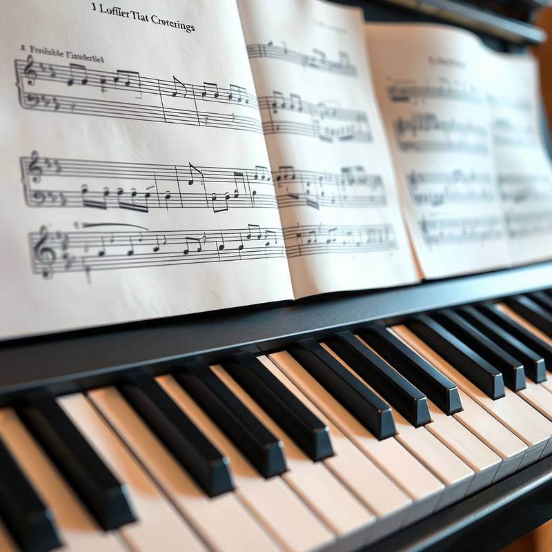 Billedtekst: Et keyboard og et nodesystem, der symboliserer musikkomposition og arrangement.
