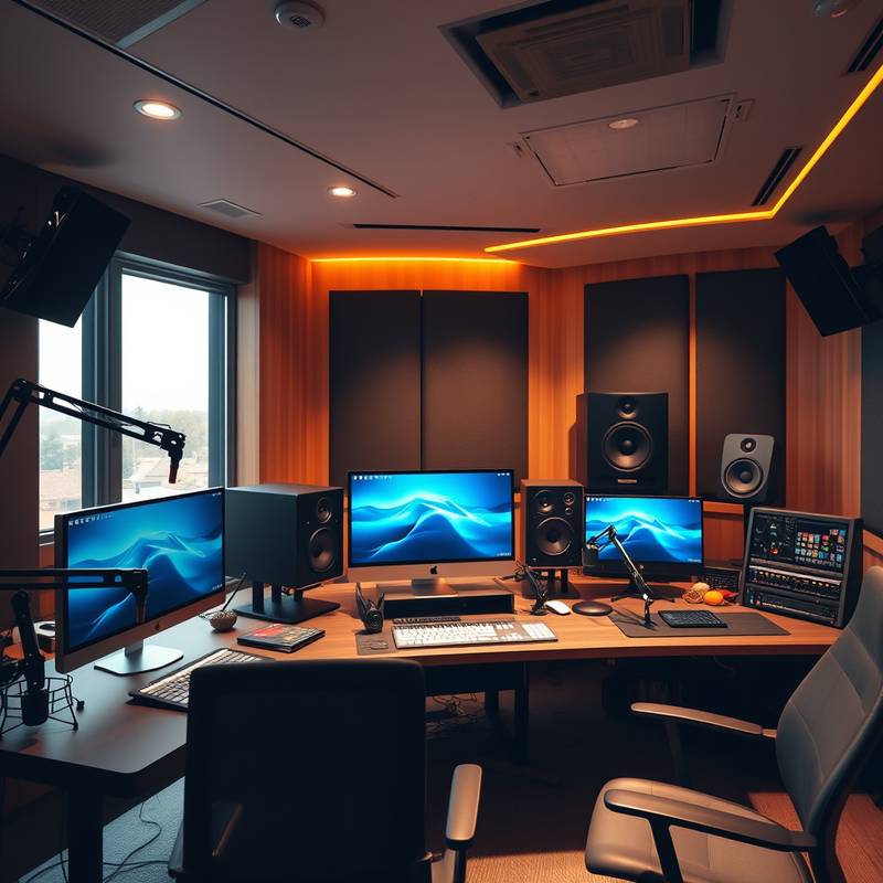 Billedtekst: Et moderne musikstudie med computere, mikrofoner og professionelt lydudstyr.