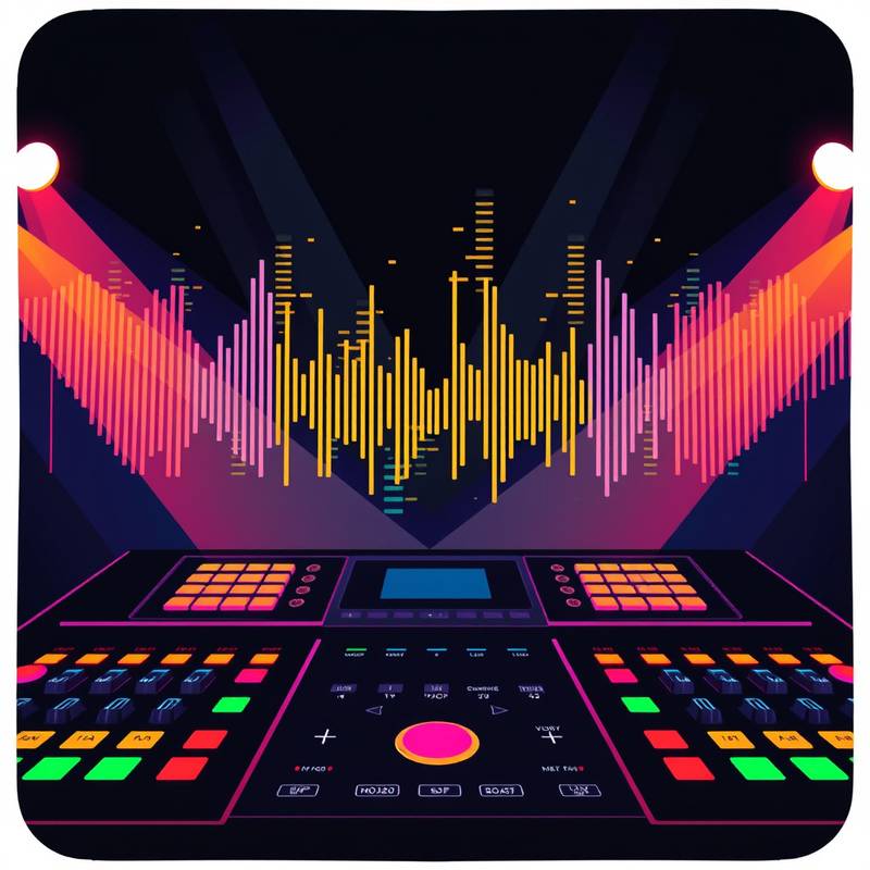 Grafisk illustration af lydbølger og en mixerpult, der repræsenterer introduktionen til musikproduktion.