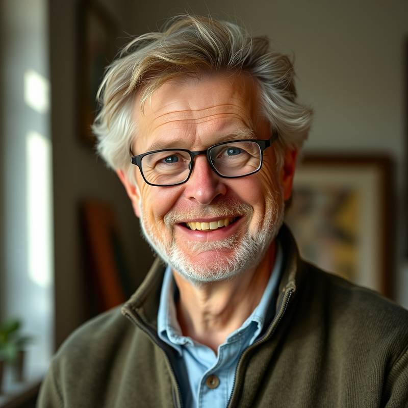 Portræt af Emil Madsen, grundlægger af Lydkunst Akademiet, smilende og venlig