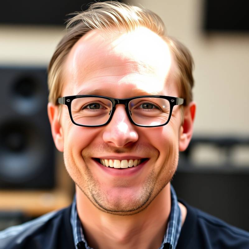 Portræt af Emil Madsen, musikproduktionsinstruktør med smilende ansigt og professionelt udseende