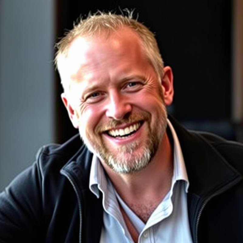 Portræt af Lars Jensen, musikproducer, smilende og afslappet.